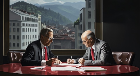 Two Swiss bankers making plans as imagined by Midjourney AI