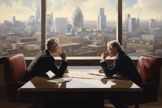 Two bankers conspiring as imagined by Midjourney AI