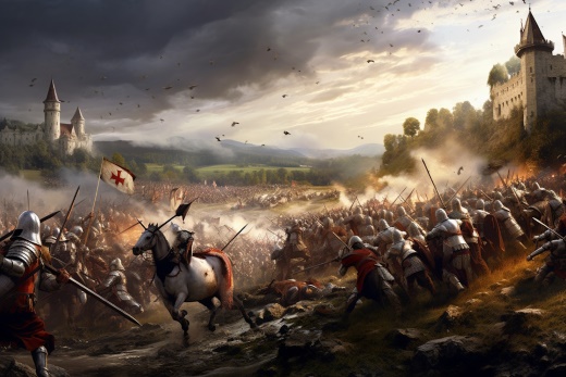 Knights Templar fighting on the side of Swiss peasants against the Habsburg army as imagined by Midjourney AI