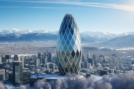 The Gherkin shown in Zurich symbolizing the takeover of Swiss banking by the City of London as imagined by Midjourney AI