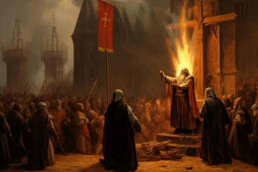 Burning at the stake of the last Knights Templar Grand Master Jacques de Molay as imagined by Midjourney AI