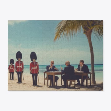 Jigsaw Puzzle with the image of bankers meeting on a beach at the Cayman Islands on it